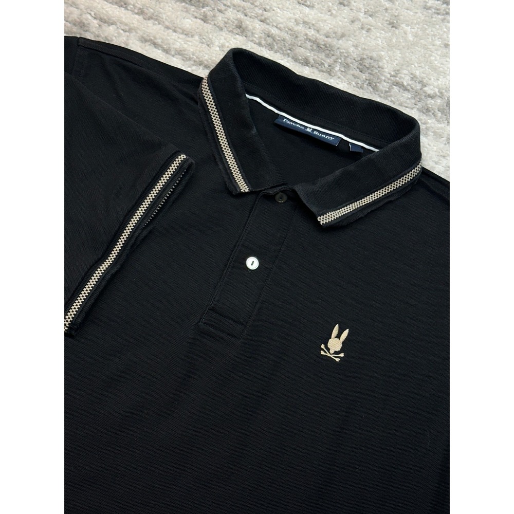 Psycho Bunny Polo Shirt Men Size 8 Black Tipped Pima Cotton Golf Gold